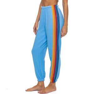 Aviator Nation Blue Sweatpants with Rainbow Stripes